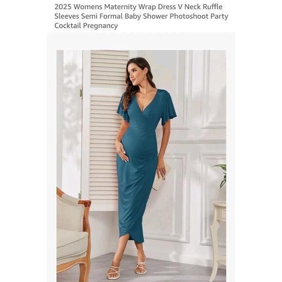 Maternity Wrap Dress Peacock Blue Short Sleeve V Neck Pregnancy Gown 2XL - Picture 2 of 2